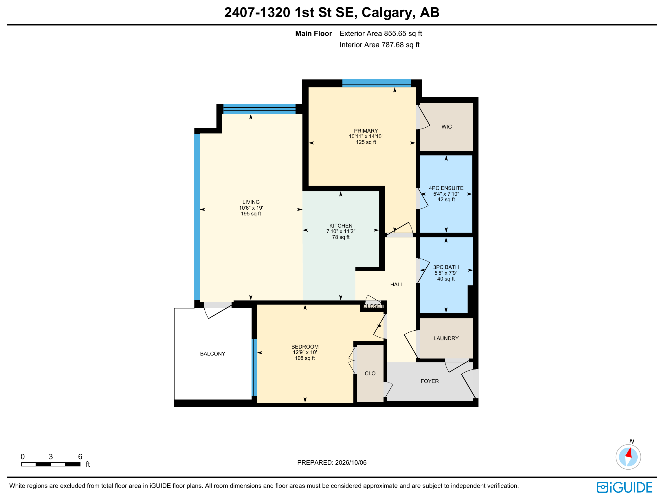 Floor plan of the residence showing the living room, kitchen, primary bedroom with ensuite, second bedroom, bathroom, laundry and balcony