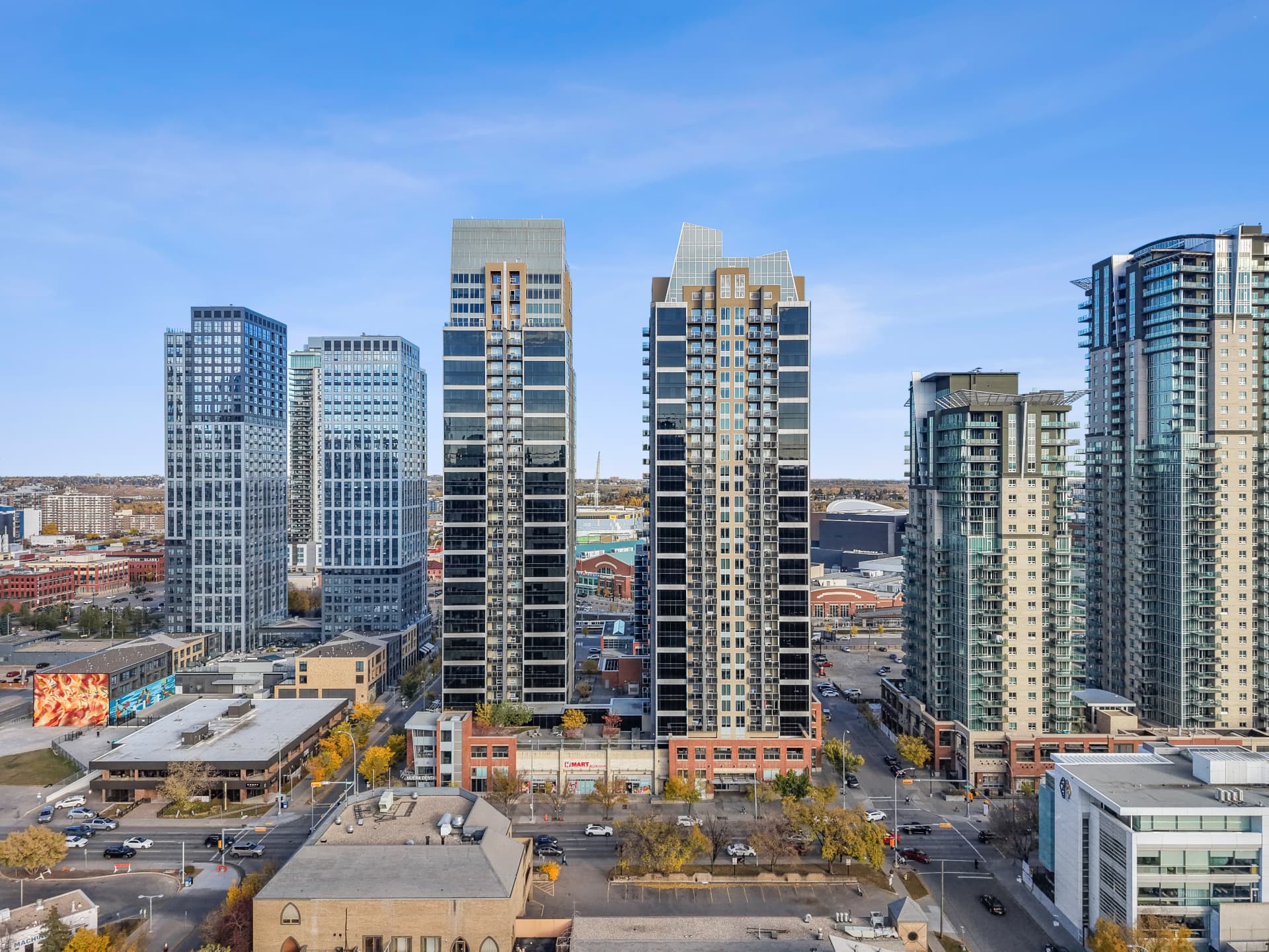 Aerial view of the residence towers and downtown Calgary